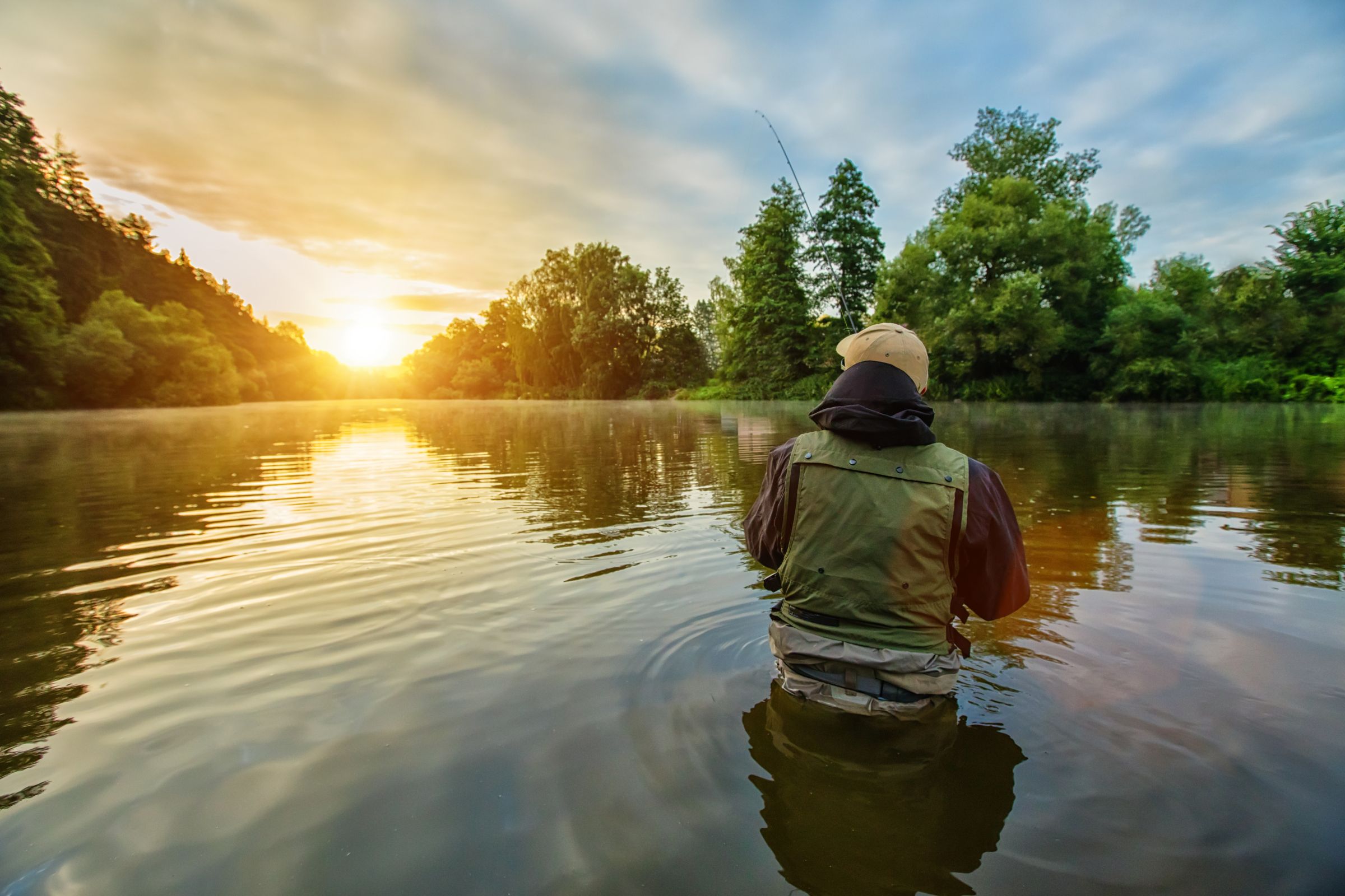 Freshwater Fishing man fishing in a lake