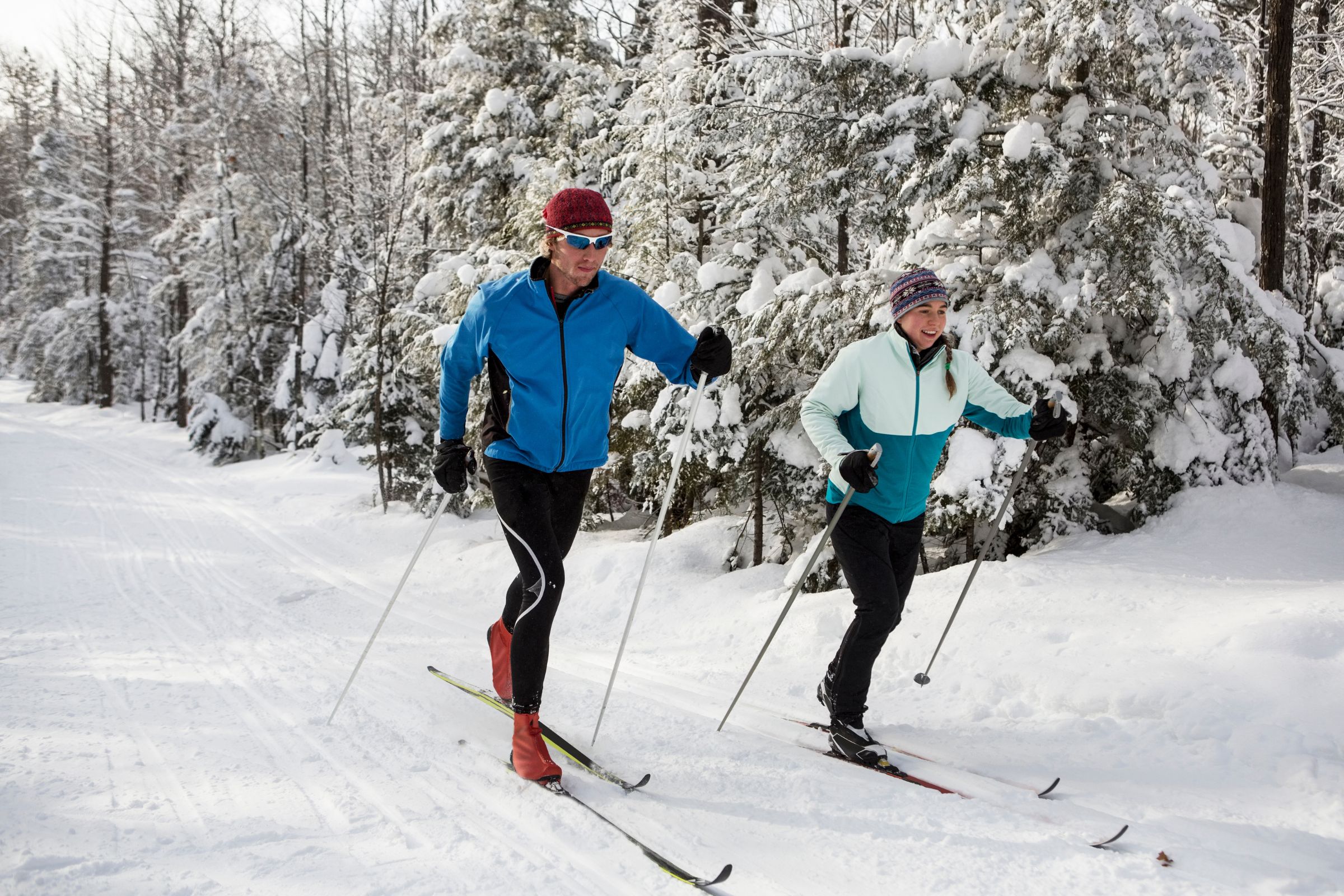 ExploreGear.com | Two cross-country skiers enjoying a snowy forest trail.