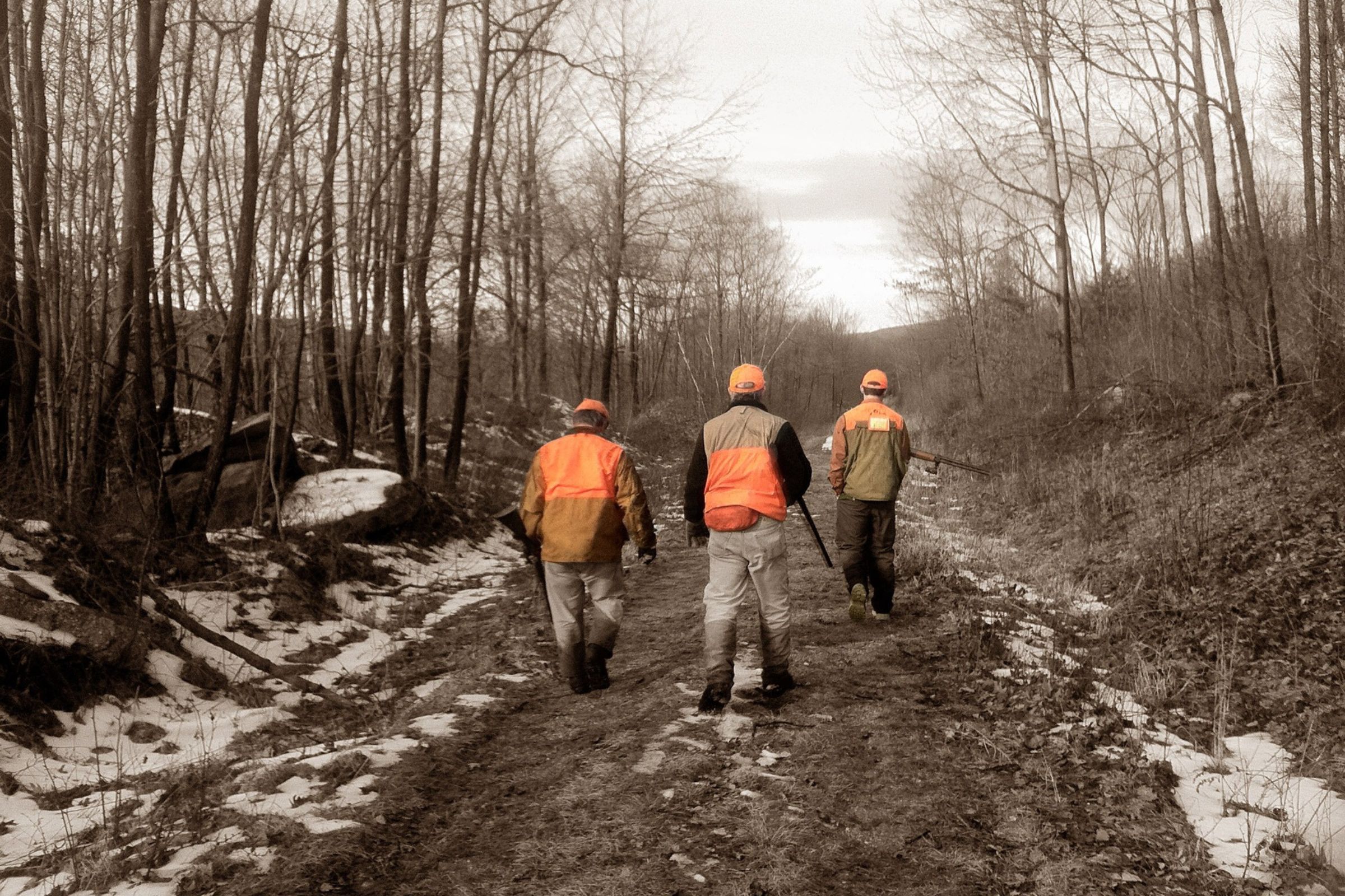 ExploreGear.com | Hunters walking in cold winter woods wearing orange safety gear.