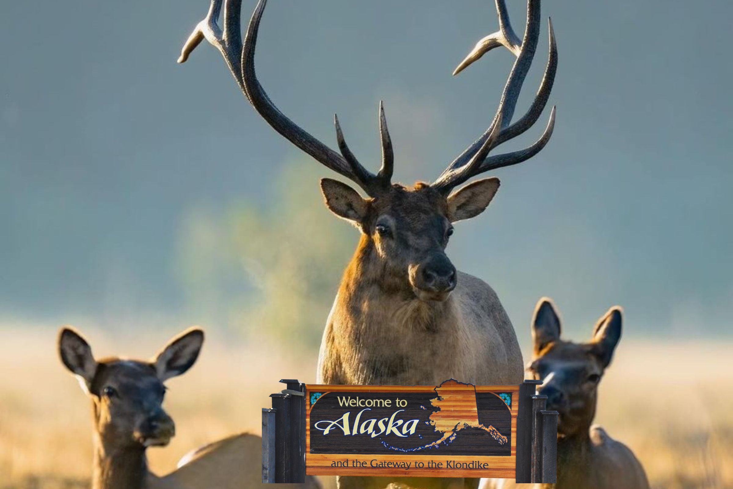 ExploreGear.com | Majestic elk in Alaska wilderness near welcome sign.