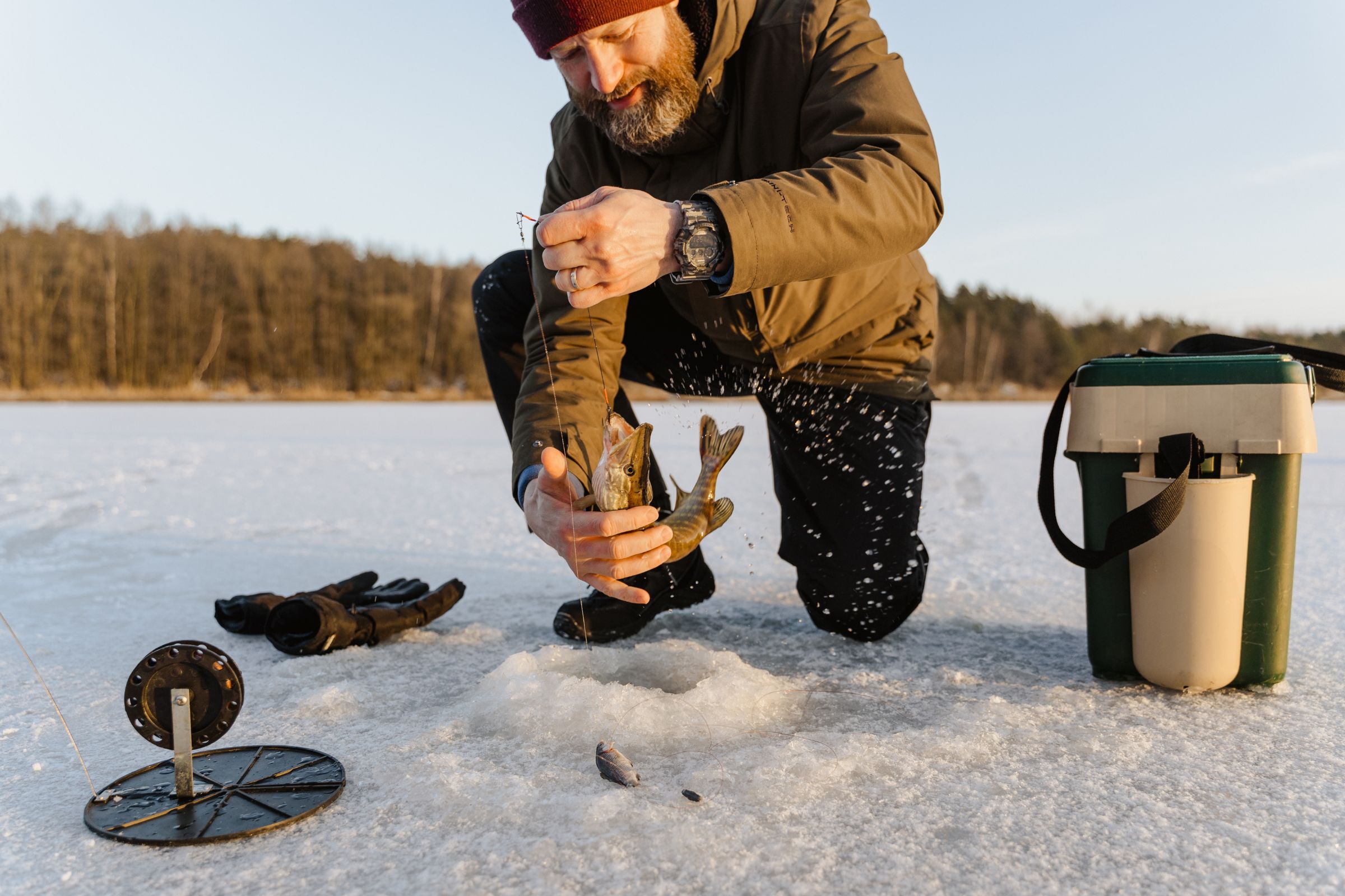 A man ice fishing on a frozen lake, holding a freshly caught fish near an ice hole. Nearby, a fishing tip-up, gloves, and a green and white gear bucket are placed on the ice.