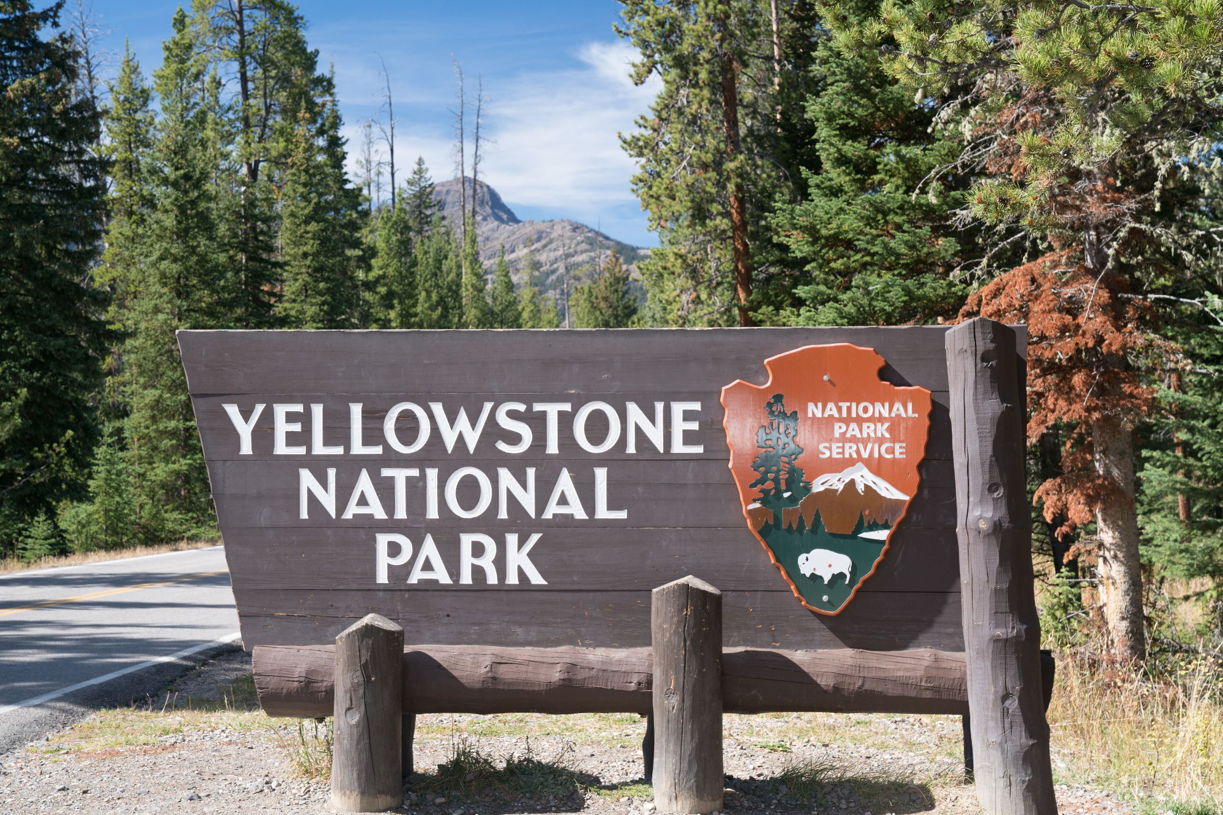 ExploreGear.com | Entrance sign for Yellowstone National Park surrounded by evergreen trees and mountains in the background.