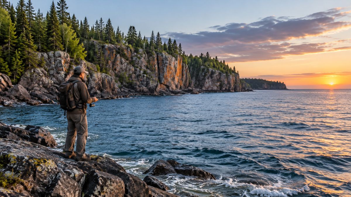 Sunset Fishing on a Rocky Coast Lake Superior