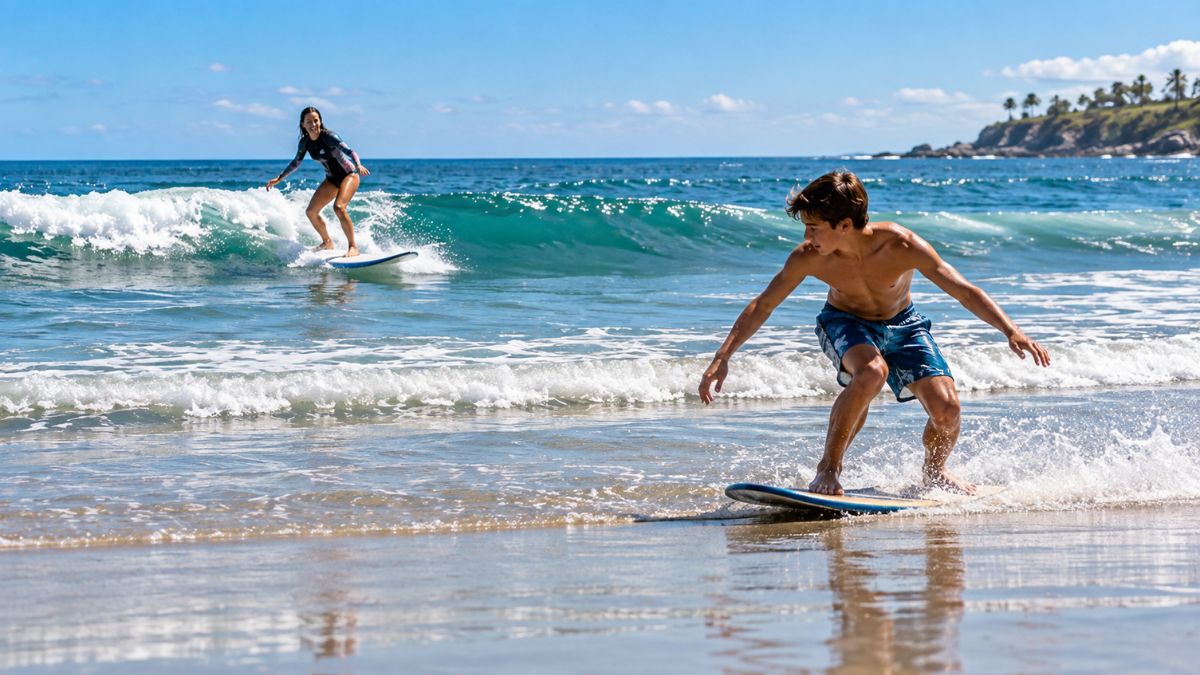 Sunlit Beach Skimboarding and Surfing
